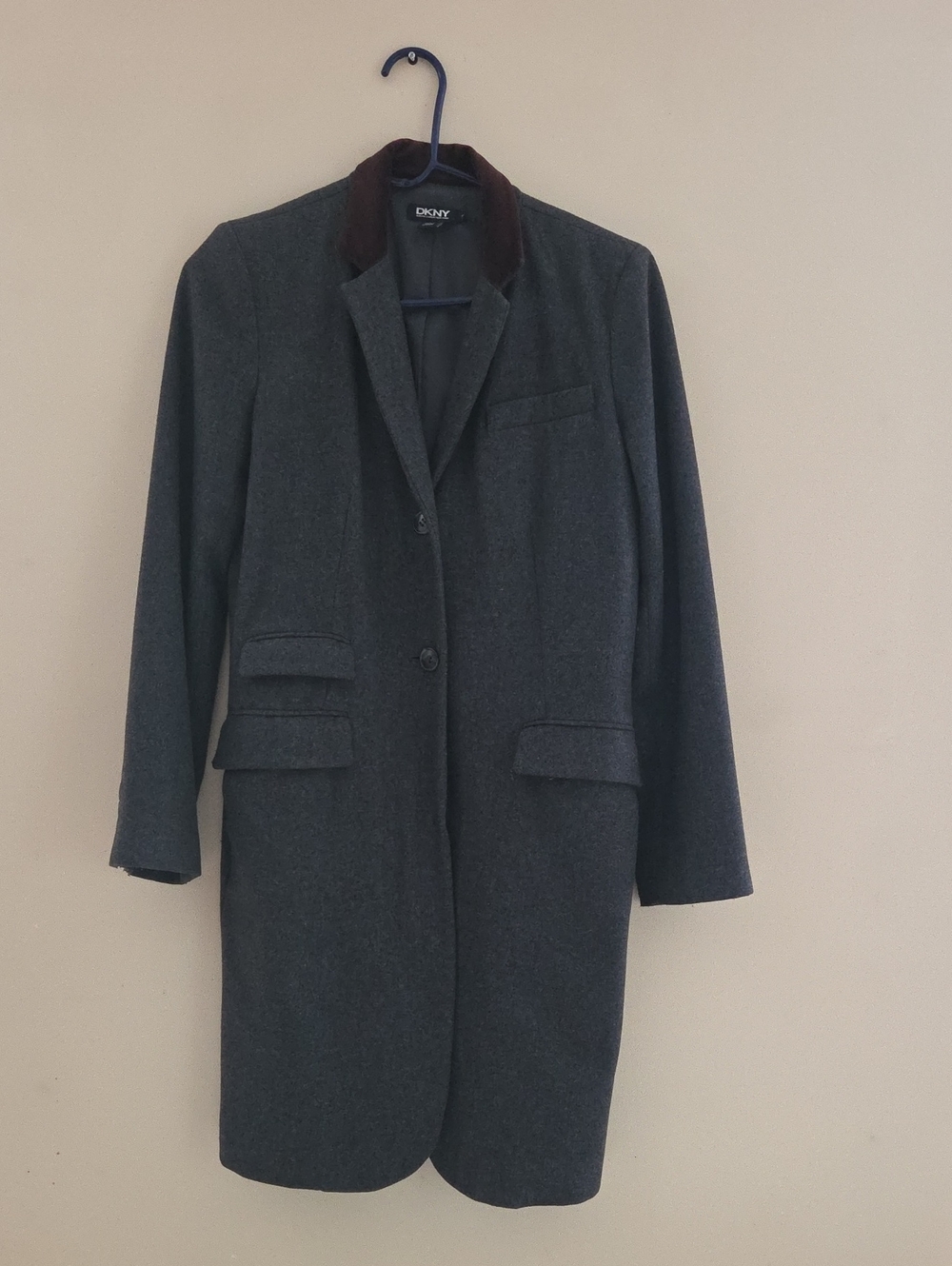 DKNY Charcoal Gray Wool-Blend Notch Collar Trench Coat